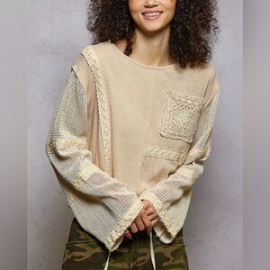 POL Premium Women’s Beige Crochet Accent Women's Top